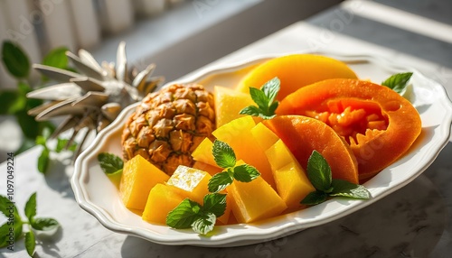 An elegant white porcelain plate filled with freshly cut tropical fruits including pineapple, mango, and papaya, surrounded by mint leaves, with bright sunlight creating a vibrant atmosphere, enhancin photo