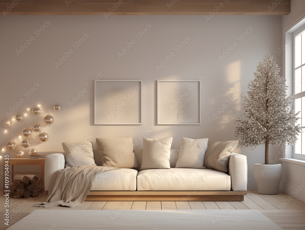 Fototapeta premium Simple minimalist rustic wabi sabi and japandi inspired living room decorated for Christmas. Neutral rustic walls with couch and christmas decorations. Simple living concept.