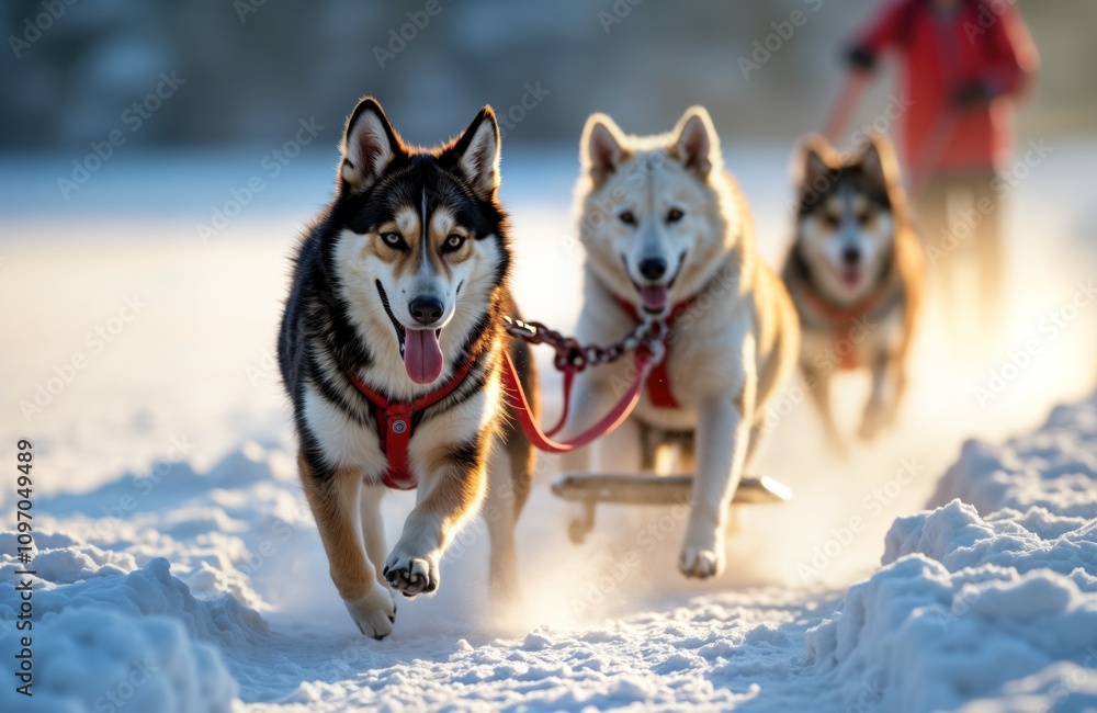 Husky sled dog team runs fast snowy winter landscape. Person drives sled. Happy dogs pull harness in winter forest. Sunny day adventure. Winter sport activity. Husky sled dog team runs fast snowy winter landscape. Person drives sled. Happy dogs pull harness in winter forest. Sunny day adventure. Winter sport activity.