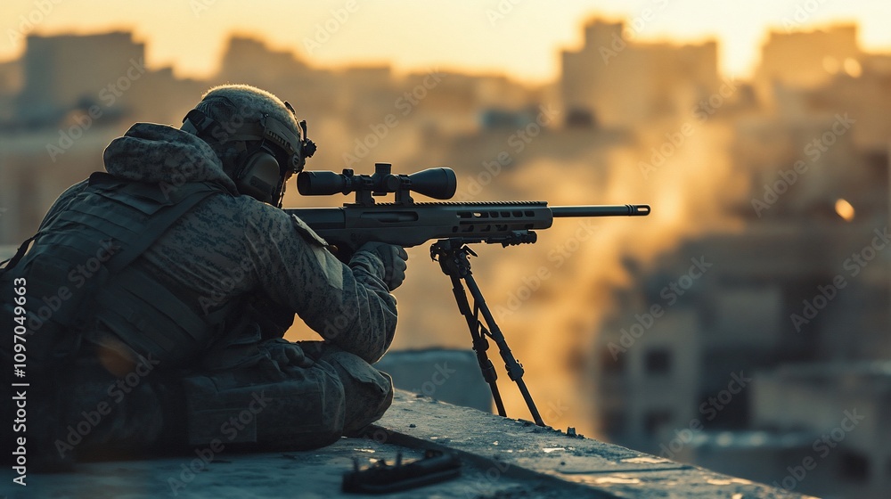 Fototapeta premium Sniper aiming rifle on rooftop at sunset, urban warfare scene.