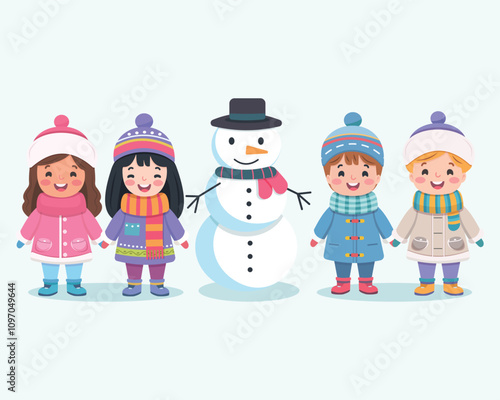 Merry Christmas concept. Cute and friendly multinational children holding hands and snowman on white background. Poster, Banner, Flyer, Greeting Card. Vector illustration in flat cartoon style