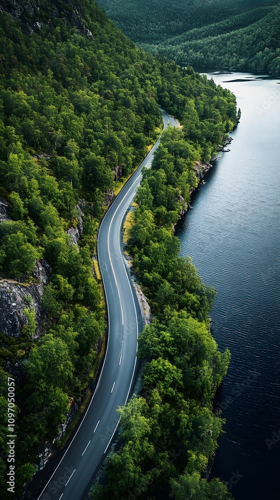 Fototapeta premium Serene landscape of a winding road beside a calm river surrounded by lush greenery.