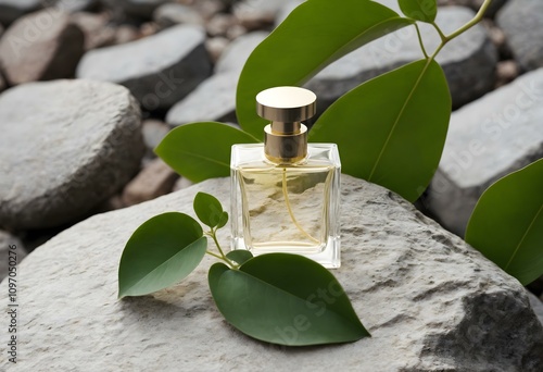 Elegant perfume bottle on natural rocks surrounded by green leaves, capturing eco-friendly luxury and nature-inspired beauty photo