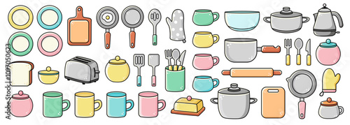Very big set of kitchen tools, cute equipment. Vector icon, illustration cup, plate, pot, pan, kettle, butter dish, sugar bowl, toaster, bread, kitchen board, fork, knife isolated on white background