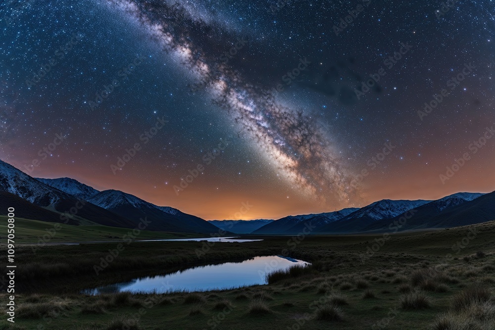 Luminous Starry Night Sky Over Serene Valley Landscape Luminous Starry Night Sky Over Serene Valley Landscape