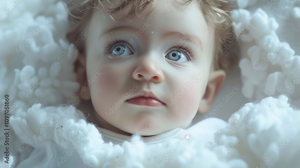 A baby in a white bodysuit gazes curiously, nestled in a fluffy blanket in a cozy setting A baby in a white bodysuit gazes curiously, nestled in a fluffy blanket in a cozy setting