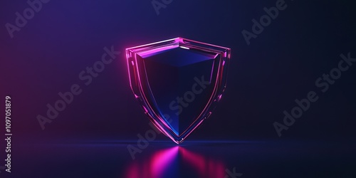 Floating holographic shield symbol, bright neon colors, concept of online security and data encryption