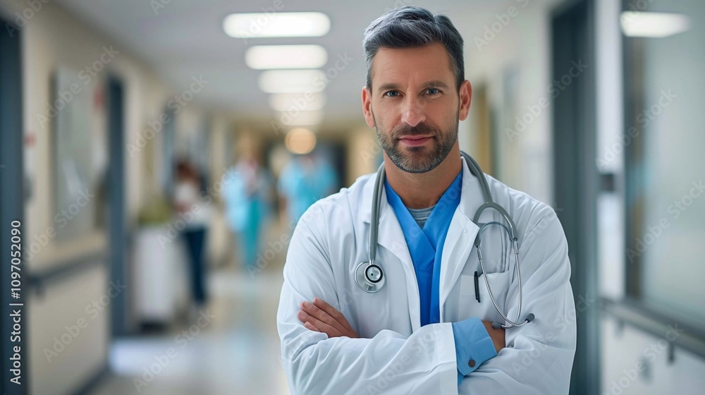An oncologist in a white coat stands ready to assist patients in a hospital corridor An oncologist in a white coat stands ready to assist patients in a hospital corridor