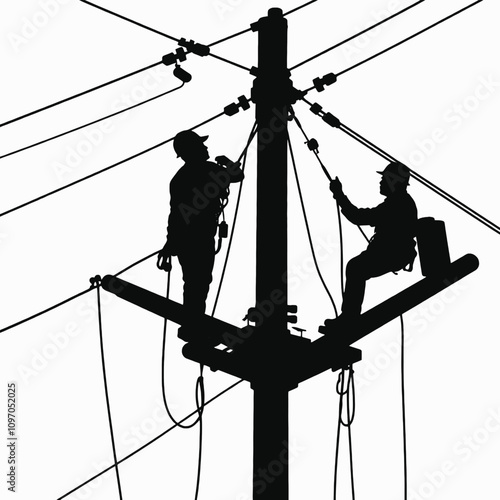 a black silhouette of two men working on a power pole. They are both wearing hard hats and are attached to the pole with ropes and harnesses