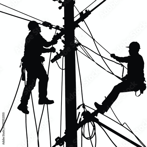 a black silhouette of two men working on a power pole. They are both wearing hard hats and are attached to the pole with ropes and harnesses
