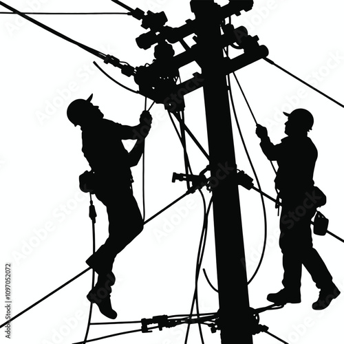 a black silhouette of two men working on a power pole. They are both wearing hard hats and are attached to the pole with ropes and harnesses