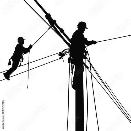 a black silhouette of two men working on a power pole. They are both wearing hard hats and are attached to the pole with ropes and harnesses