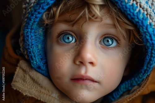 Child with bright blue eyes gazes curiously, wearing a colorful winter hooded jacket