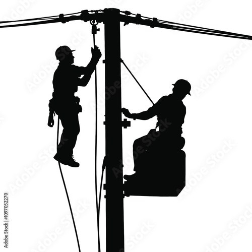 a black silhouette of two men working on a power pole. They are both wearing hard hats and are attached to the pole with ropes and harnesses