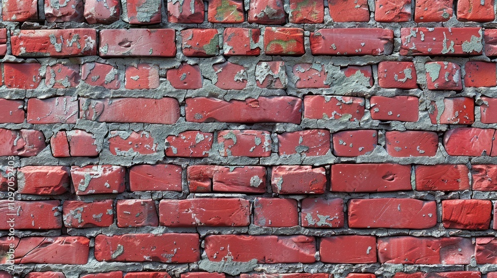 Panoramic view of a weathered red brick wall with rustic charm and unique textures Panoramic view of a weathered red brick wall with rustic charm and unique textures