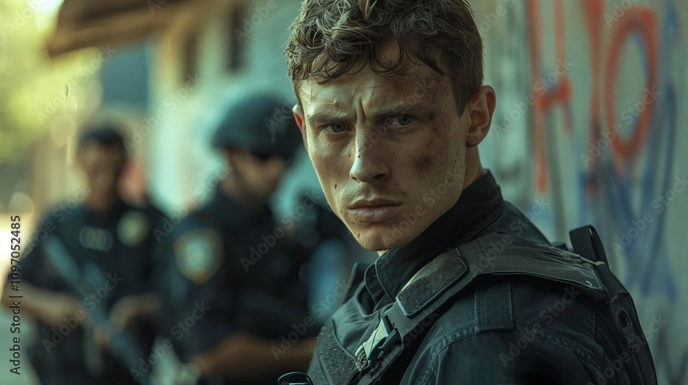 Fototapeta premium A focused bodyguard stands ready in a gritty urban setting with officers nearby