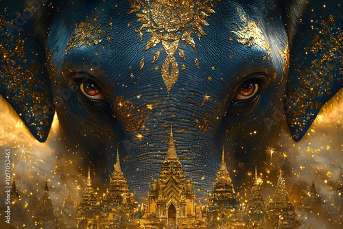 golden elephant with ornate design and intricate patterns glowing with artistic beauty and sacred golden accents