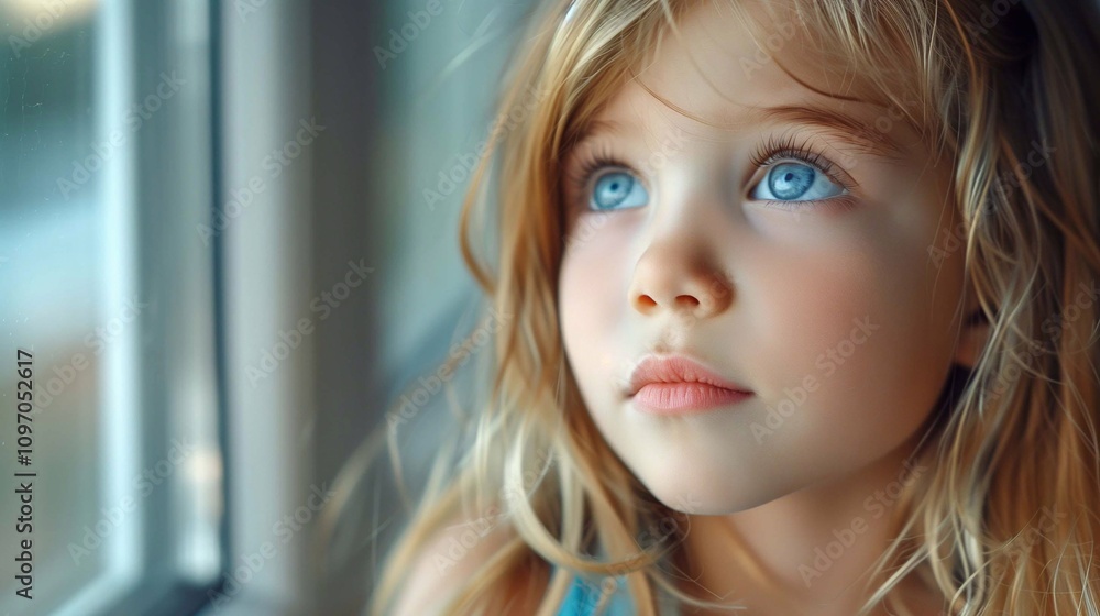 A child with striking blue eyes reflects on thoughts while looking out the window in soft sunlight A child with striking blue eyes reflects on thoughts while looking out the window in soft sunlight
