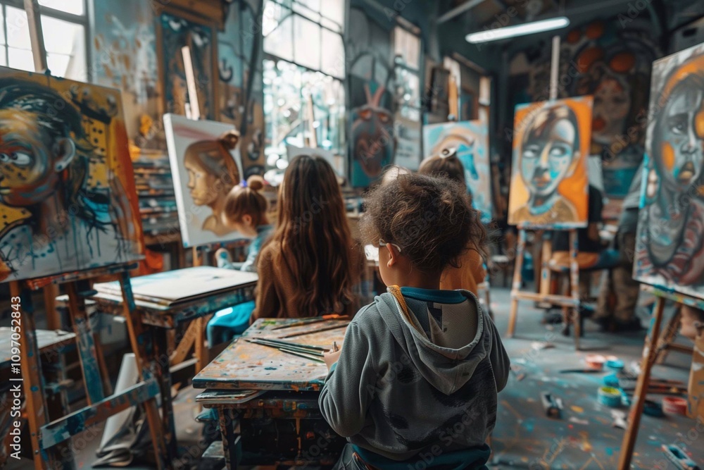 Kids create colorful art on easels in a vibrant, creative studio Kids create colorful art on easels in a vibrant, creative studio