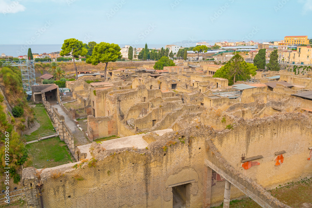 The photo shows a view of Herculaneum, capturing the ancient Roman ruins with well-preserved buildings, stone streets, and remnants of daily life, set against a backdrop of lush greenery.
