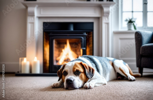 Cozy Dog Relaxing by the Fireplace in a Warm Living Room. Concept of relaxation, winter vibes, pet companionship, and interior design inspiration photo