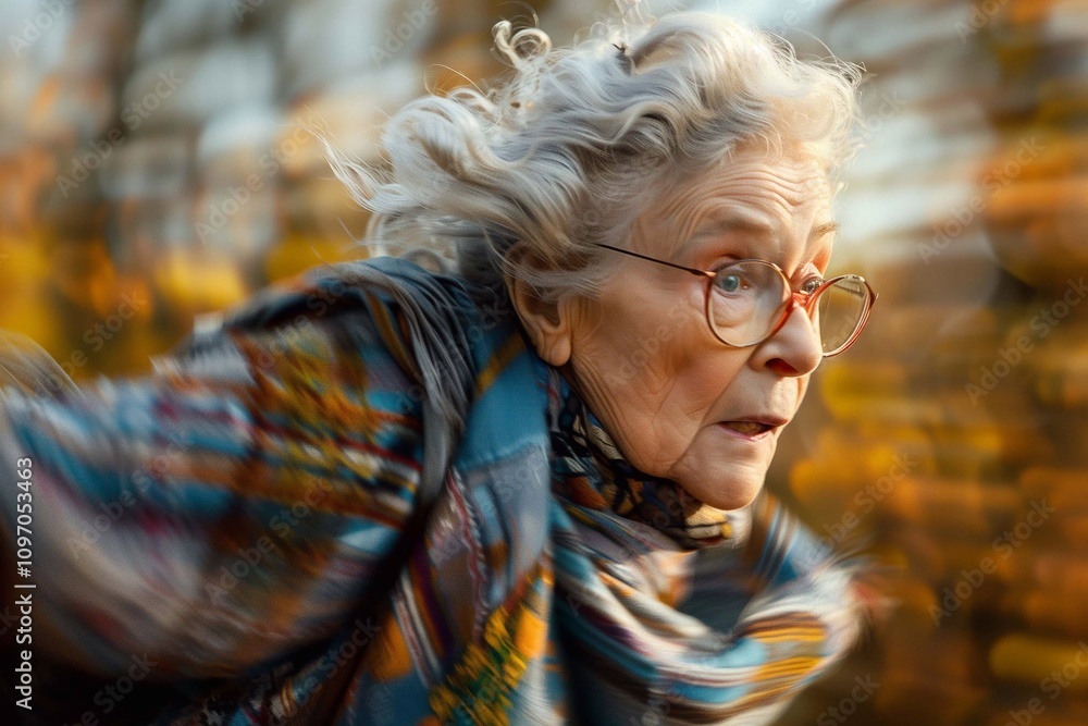 An elderly woman with white hair and glasses jogs through a colorful park of autumn leaves
