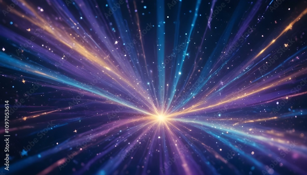 Fototapeta premium Un colorido fondo abstracto con estrellas brillantes y destellos en varios colores vibrantes, incluidos azul, morado, naranja y amarillo. 