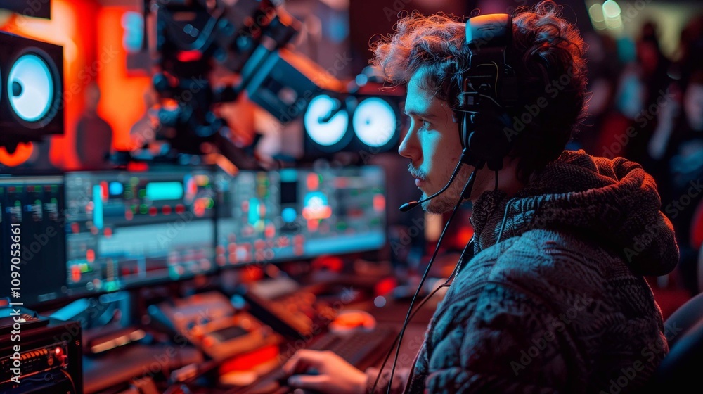 Fototapeta premium An individual focuses intently on a live broadcast setup surrounded by colorful lights and screens