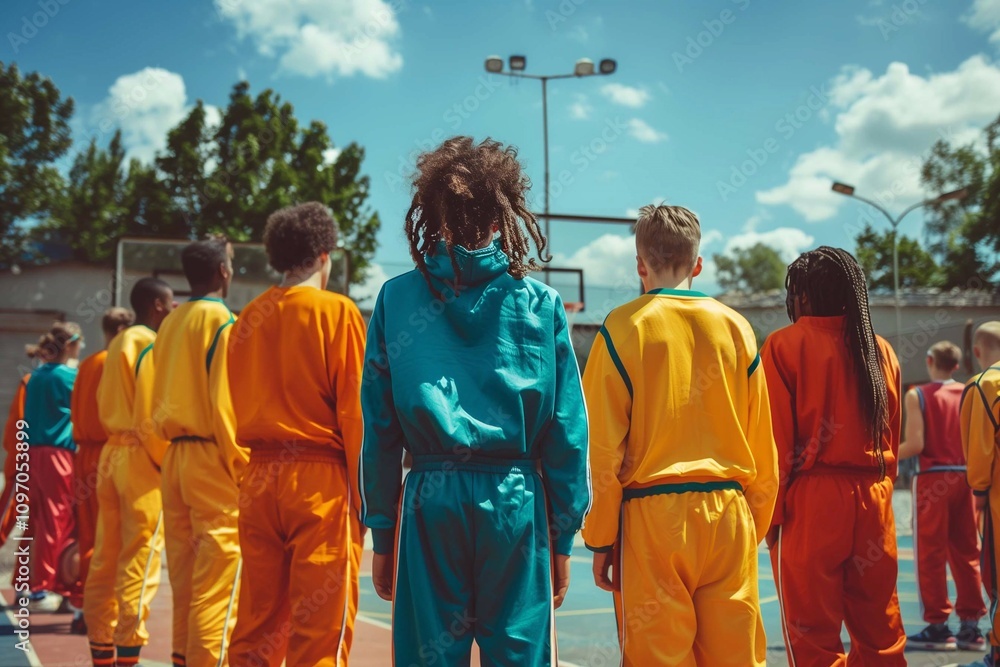 Young athletes gather in bright sports suits for a basketball practice under a clear sky Young athletes gather in bright sports suits for a basketball practice under a clear sky
