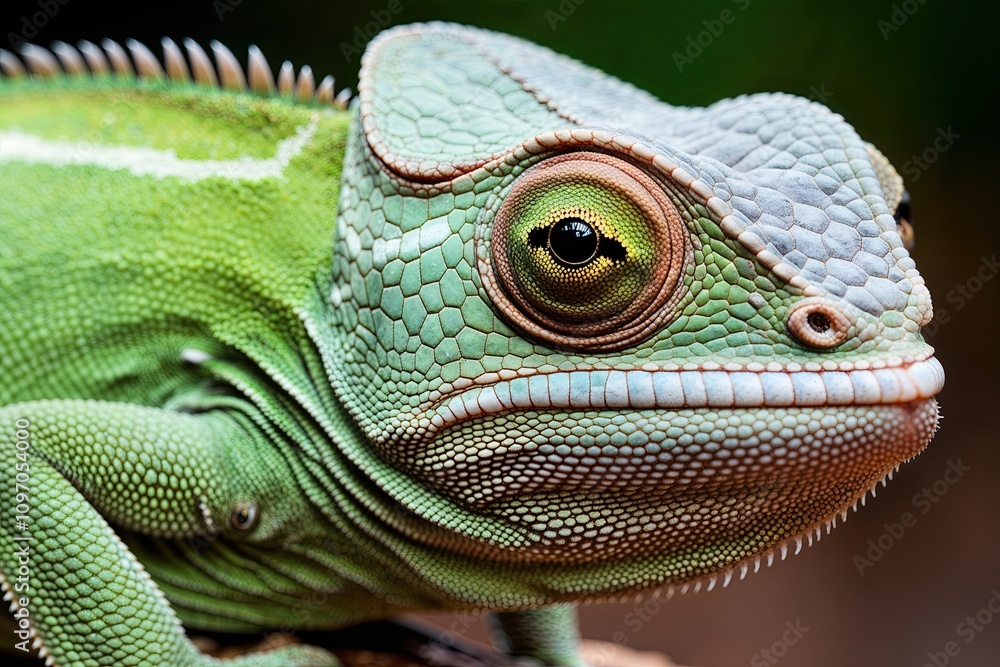 Fototapeta premium Sage Green Chameleon Closeup with Detailed Eye Focus