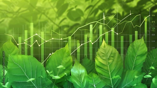 Green Financial Growth: A leafy green background accentuates financial charts and graphs, conveying a sense of stability and progress.  photo