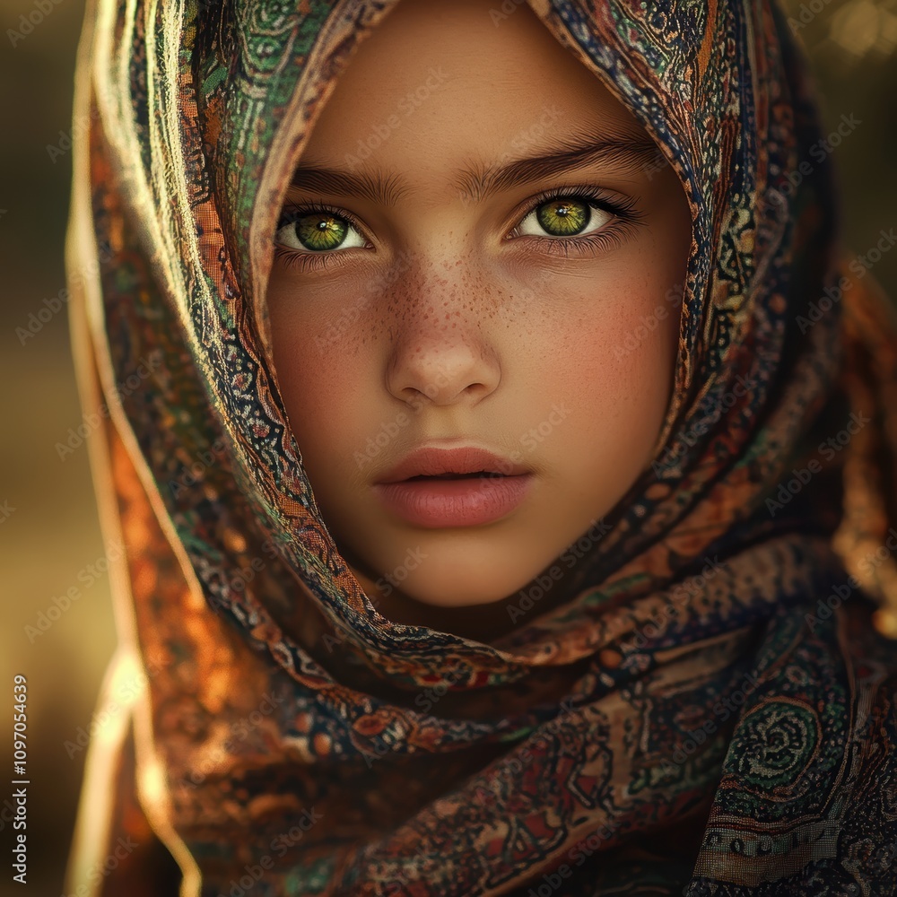 Cultural portrait of a young girl wearing a colorful scarf outdoor setting close-up shot natural light beauty concept Cultural portrait of a young girl wearing a colorful scarf outdoor setting close-up shot natural light beauty concept