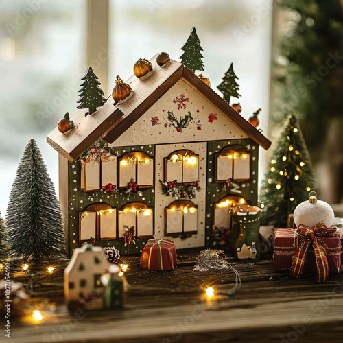 Traditional wooden Advent calendar designed like a festive house, adorned with glowing lights, miniature decorations, pine trees, and wrapped gifts, creating a warm holiday atmosphere photo