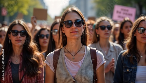 Women protest for gender equality and abortion rights. Crowd marches city street. Female activists fight violence against women. Human rights movement. Feminist demonstration.