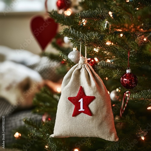 Close-up of a festive Christmas tree decorated with a fabric gift bag featuring a red star and number one, red heart and bauble ornaments, and warm glowing lights photo