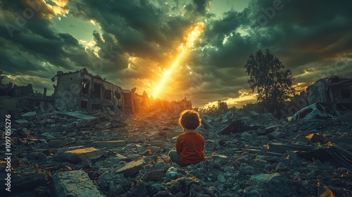 Child witnessing destruction abandoned urban area emotional scene dramatic sky poignant moment impact of war