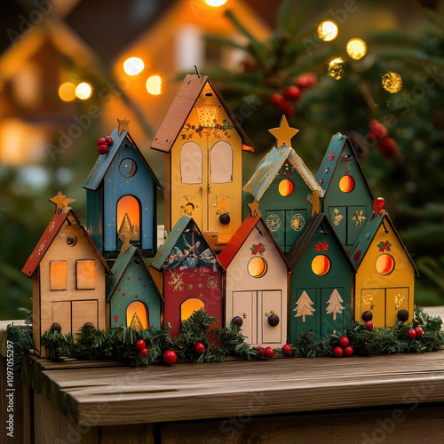 Charming wooden Advent calendar with colorful house-shaped compartments, glowing lights, festive decorations, and greenery, creating a cozy holiday ambiance photo