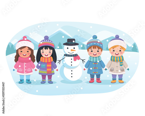 Merry Christmas concept. Cute and friendly multinational children holding hands and snowman on white background. Poster, Banner, Flyer, Greeting Card. Vector illustration in flat cartoon style