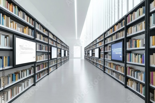 Modern Library Interior with Rows of Bookshelves and Digital Screens Showcasing Information for a Contemporary Learning Experience