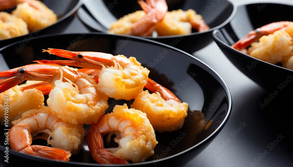 A mouthwatering display of shrimp arranged in sleek black bowls, showcasing culinary art in an elegant setting. Perfect for gourmet food enthusiasts. A mouthwatering display of shrimp arranged in sleek black bowls, showcasing culinary art in an elegant setting. Perfect for gourmet food enthusiasts.