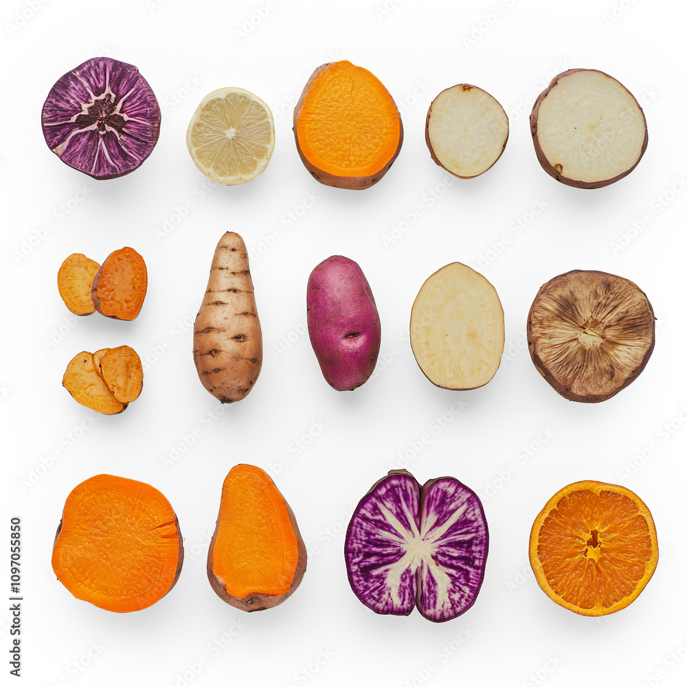 Variety of Sweet Potatoes and Yams on a Transparent Background Variety of Sweet Potatoes and Yams on a Transparent Background