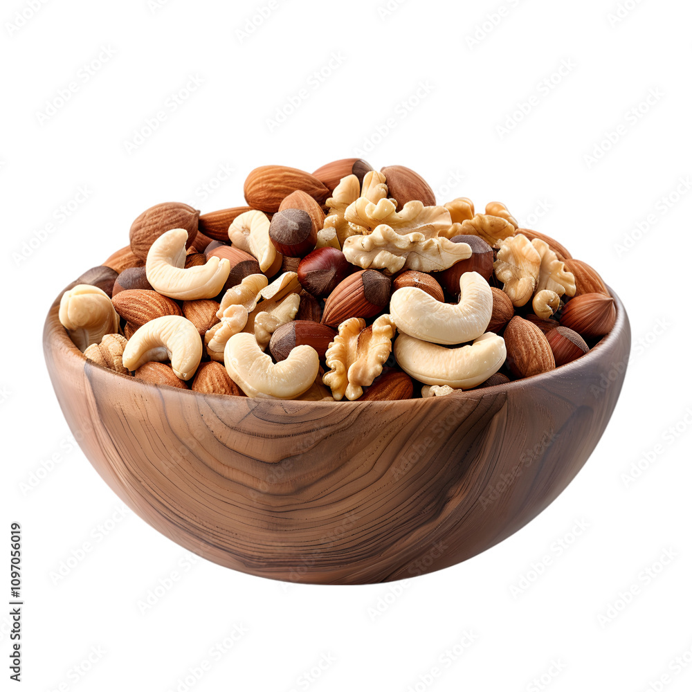 Assorted nuts in a wooden bowl against white background Assorted nuts in a wooden bowl against white background