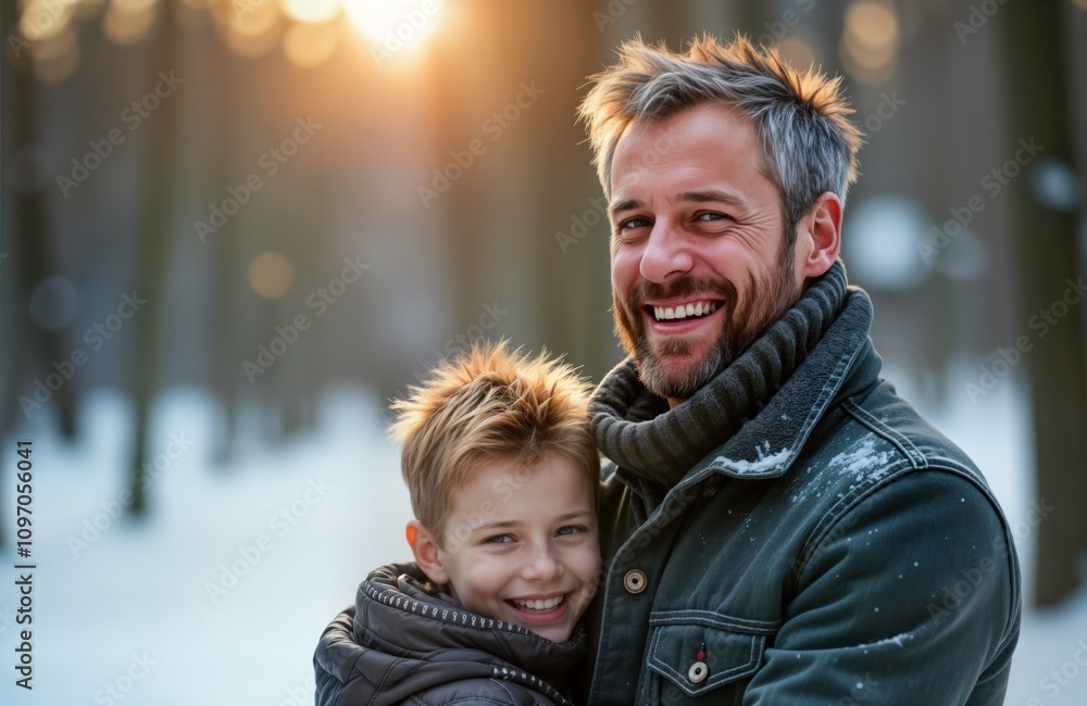 Obraz premium Happy father and son outdoors in winter. Caucasian man hugs boy. Family fun winter walk in snowy forest. Child smiles. Parenthood, love, family togetherness.