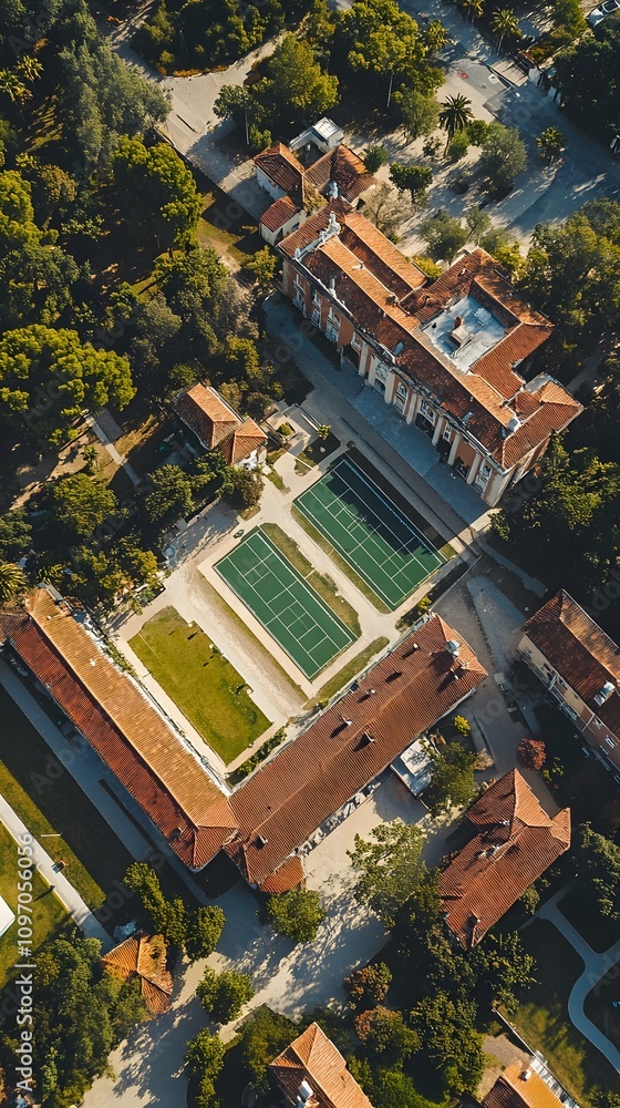 Fototapeta premium Aerial view of a tennis court surrounded by lush greenery and classic architecture.