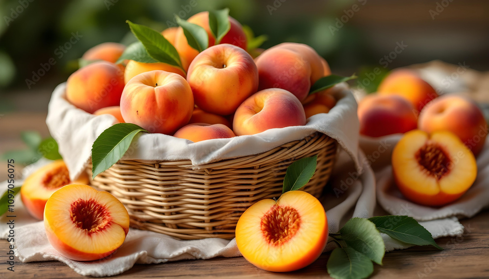 Basket of ripe red peaches with green leaf Basket of ripe red peaches with green leaf