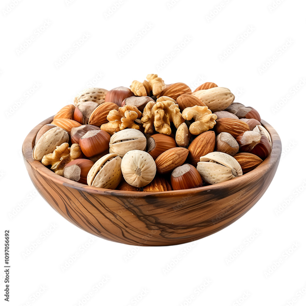 Assorted nuts in a wooden bowl against white background Assorted nuts in a wooden bowl against white background