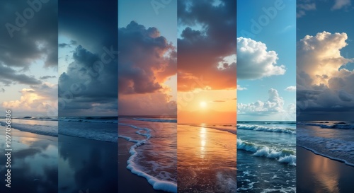 Ocean beach collage shows diverse weather. Sunrise sunset stormy cloudy skies. Waves foam reflect sunlight. Nature climate change concept. Ideal for weather forecast app website.