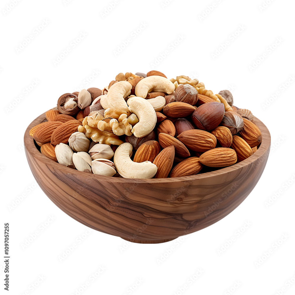 Assorted nuts in a wooden bowl against white background Assorted nuts in a wooden bowl against white background