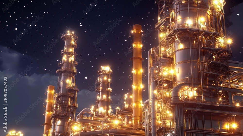 Fototapeta premium A brightly lit industrial complex against a starry night sky.