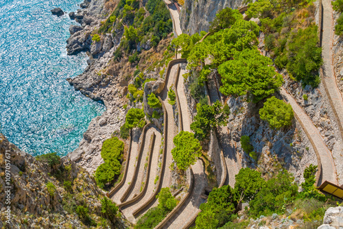 Captured on Capri Island, the photo reveals the historic Phoenician Steps, a steep stone staircase surrounded by natural beauty, leading up the cliffs with panoramic sea views. photo